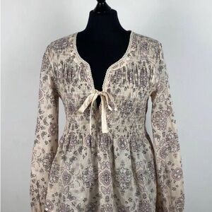 Odd Molly tie-Front Peasant Top in Cream with Mauve Floral Print